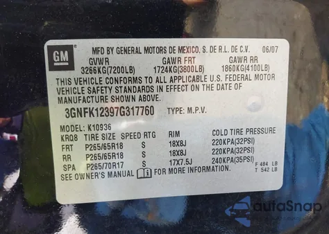 2007 Chevrolet Avalanche 1500 Lt from USA, damaged, VIN 3GNFK12397G317760